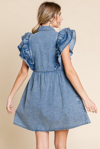 Ruffle Shoulder Denim Dress – Free Souls Boutique