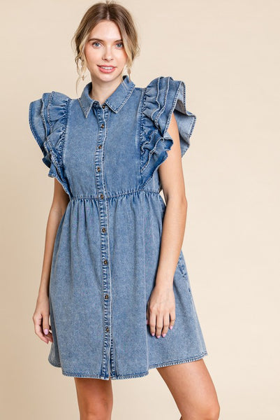 Ruffle Shoulder Denim Dress – Free Souls Boutique