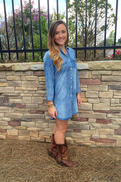 denim shirt dress with cowboy boots Chambray – Free Souls Boutique up Boho Western looks Terani Cocktail Treasure Island, BEACHBlack Made To Order Colours:44 Colours Available - Contact Us For Your Preference
