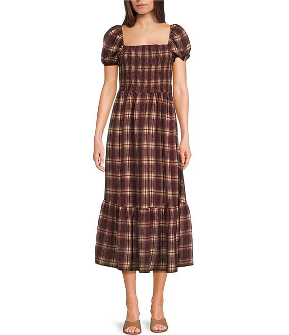 Smocked Puff Sleeve Plaid Midi Dress