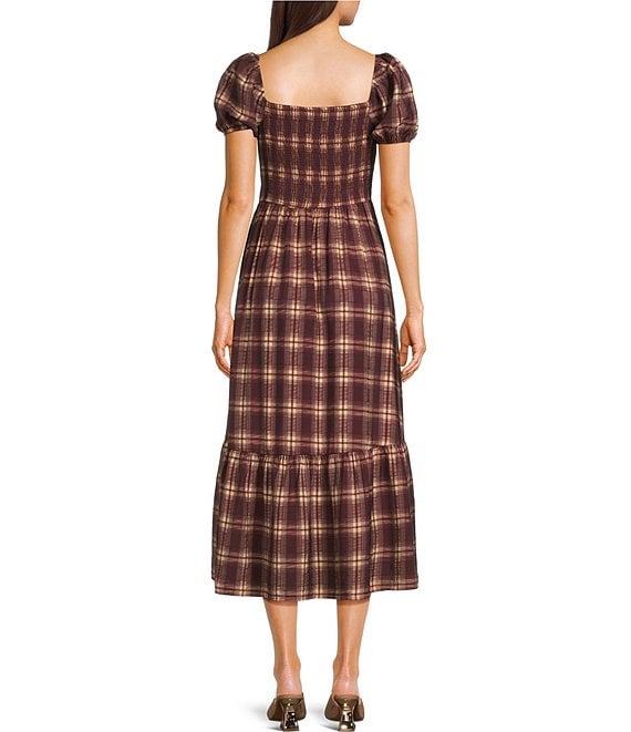Smocked Puff Sleeve Plaid Midi Dress