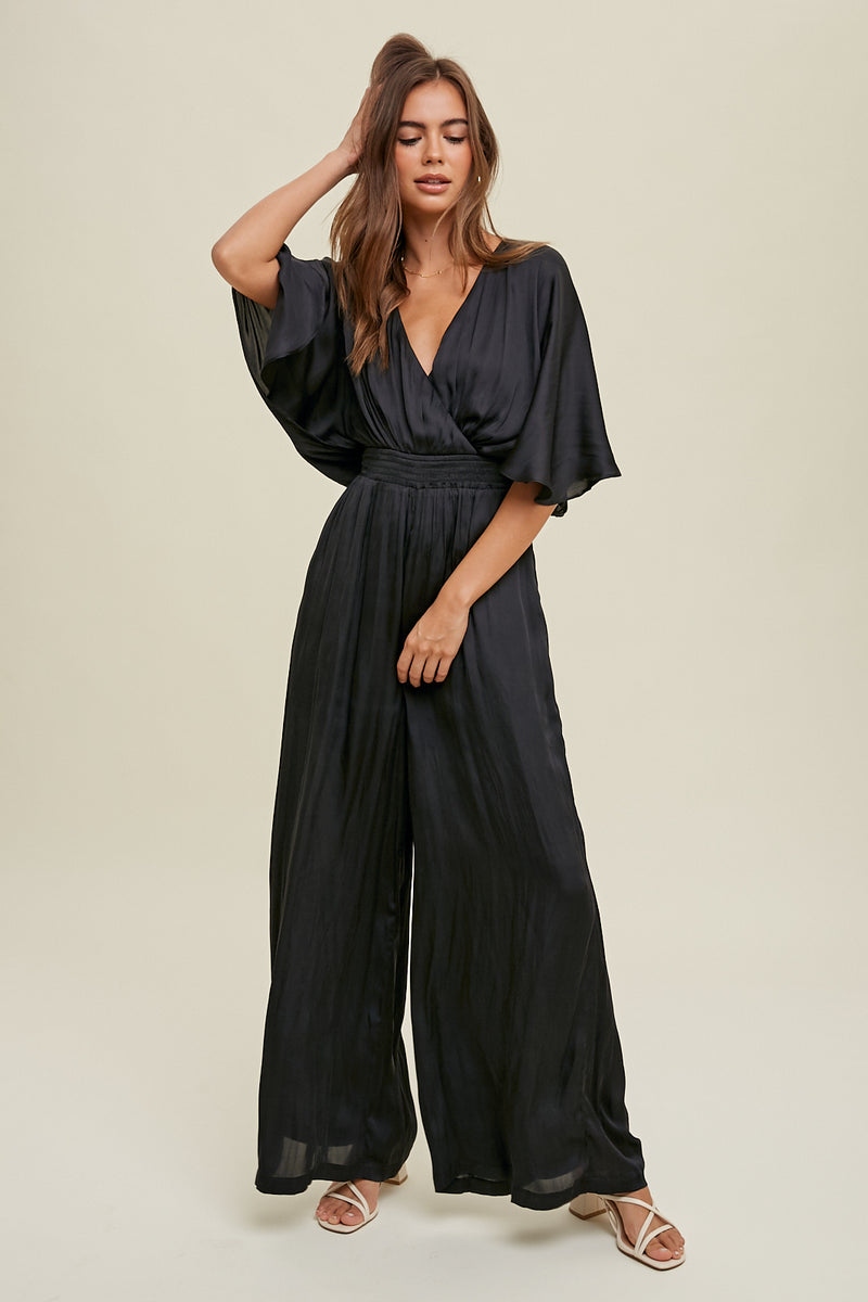 Satin Wide Leg Smock Waist Jumpsuit
