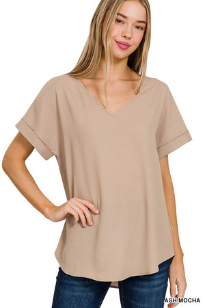 Zen Dobby Roll Sleeve V Top