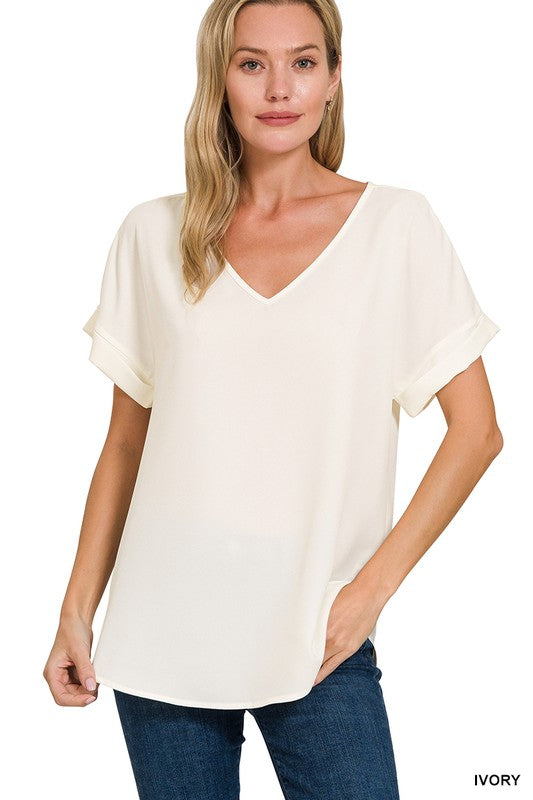 Zen Dobby Roll Sleeve V Top