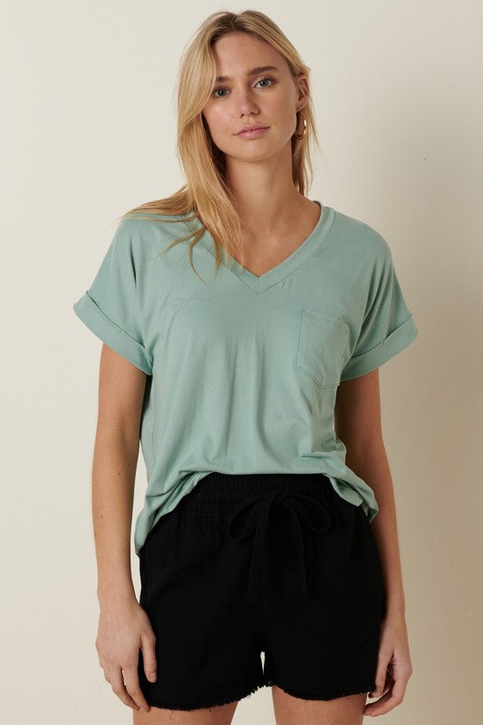 V-Neck Cuff Sleeve Pocket Top