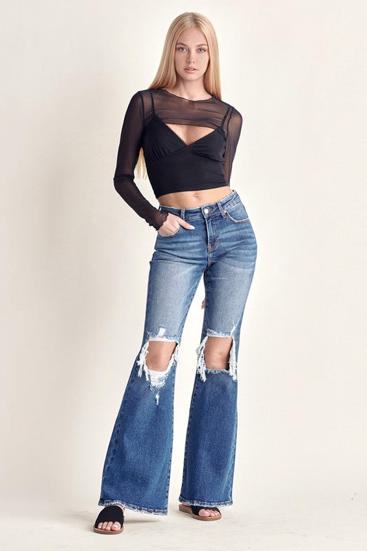 Mid Distressed Open Knee Flare Jeans