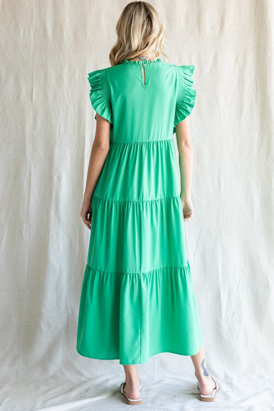 Frill Neck Ruffle Tier Midi Dress