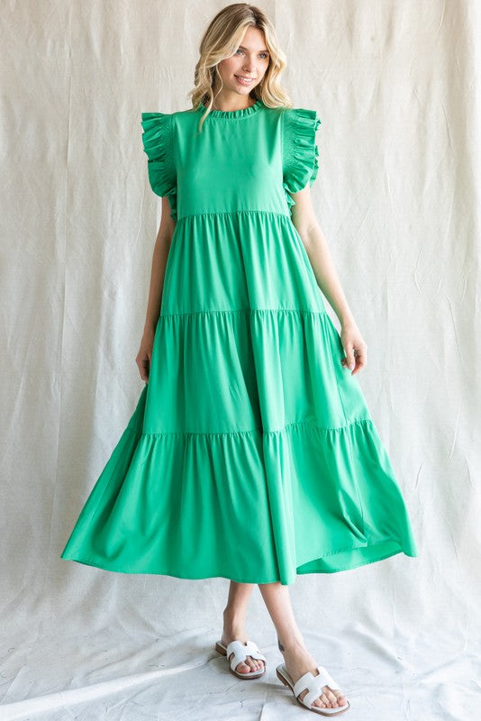 Frill Neck Ruffle Tier Midi Dress
