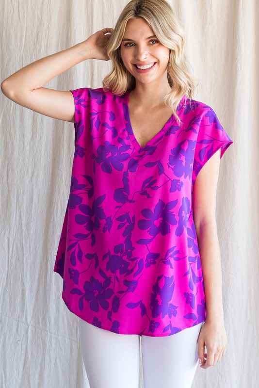 Plus Cap Sleeve Flower Print Top