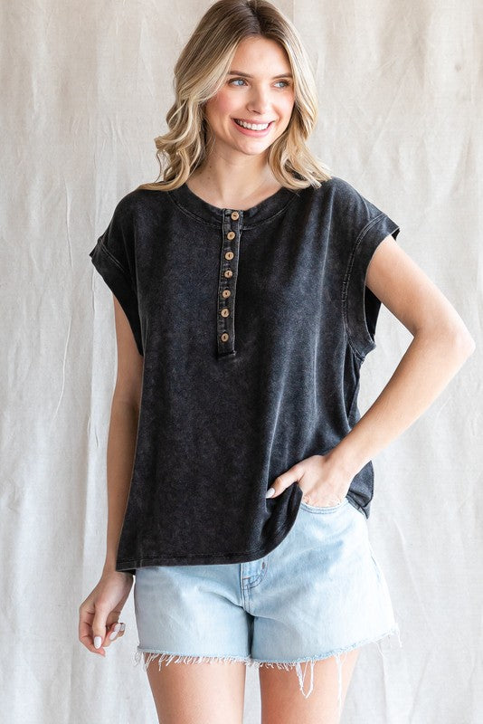 Washed Cap Sleeve Henley Top
