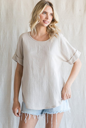 Solid Textured Cuff Sleeve Top