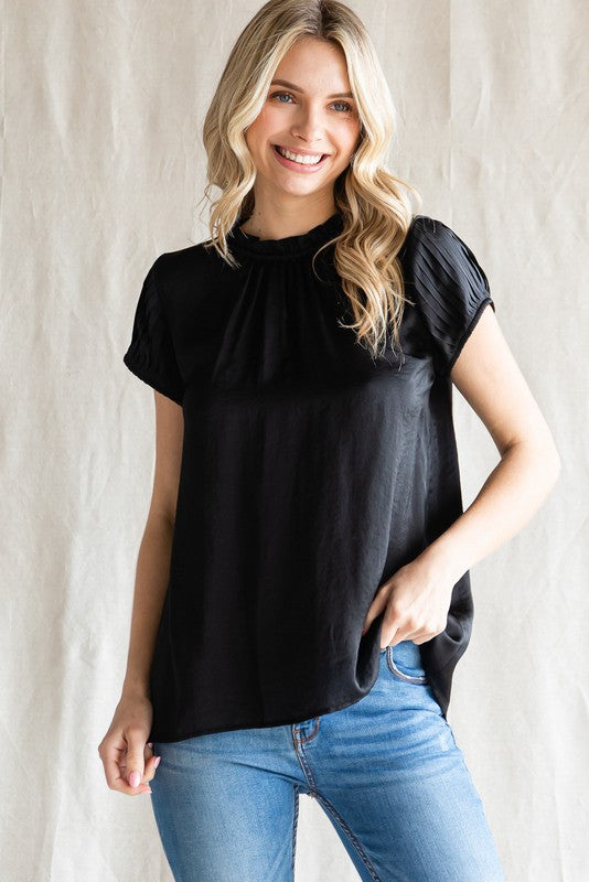Pleat Sleeve Ruffle Neck Top