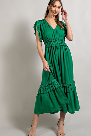 Ruffle Trim Solid Midi Dress