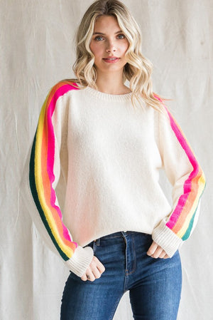 Stripe Sleeve Solid Sweater Top