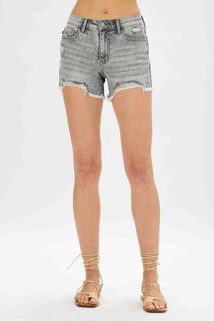 Mid Rise Fray Hem Grey Denim Shorts