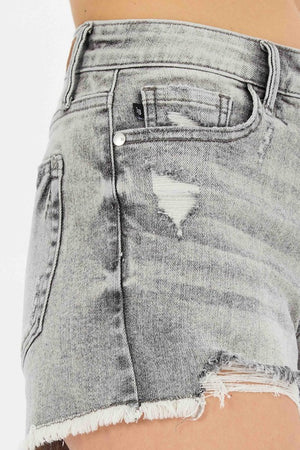 Mid Rise Fray Hem Grey Denim Shorts