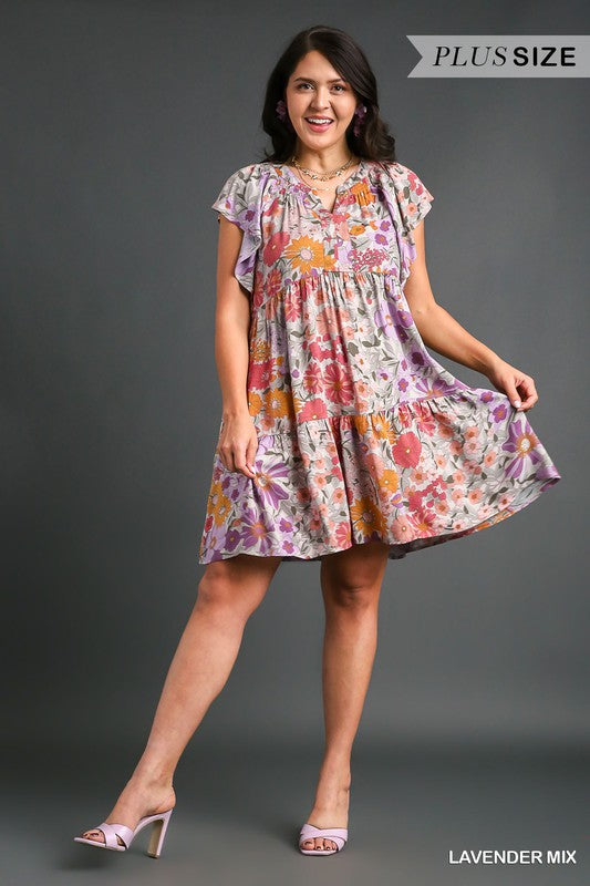 Plus Split Neck Floral Dress