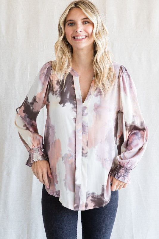 LS Satin Smudge Print Top