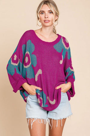 Plus Half Sleeve Flower Sweater Top