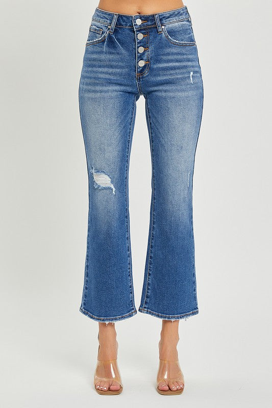 Mid Button Fly Crop Flare Jeans