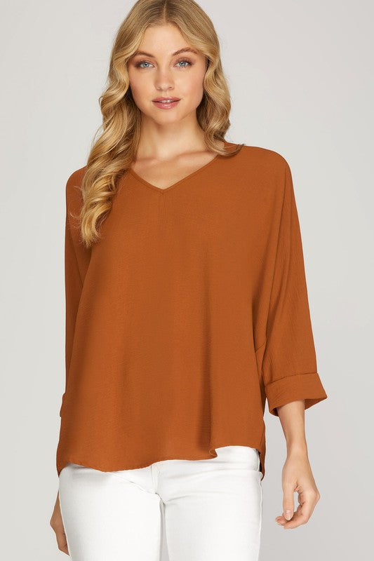 Double V 3/4 Sleeve Woven Top