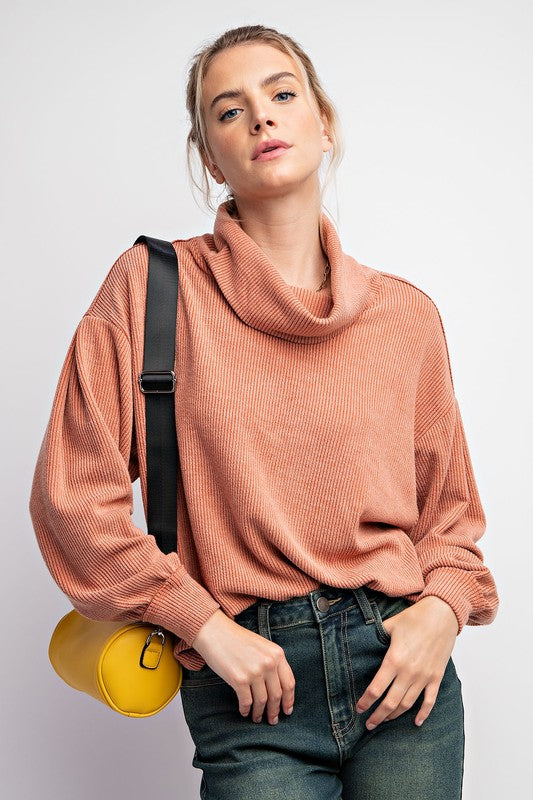 Relaxed Rib Cowl Neck Top