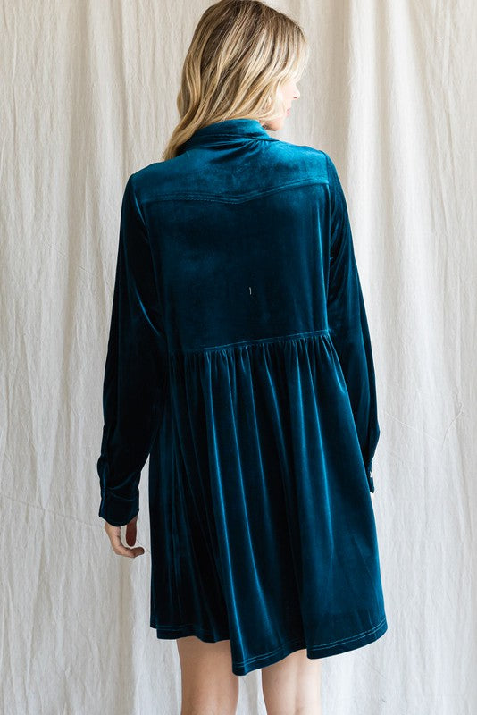 Plus Button Up Velvet Babydoll Dress
