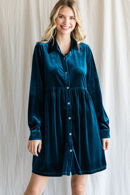 Plus Button Up Velvet Babydoll Dress