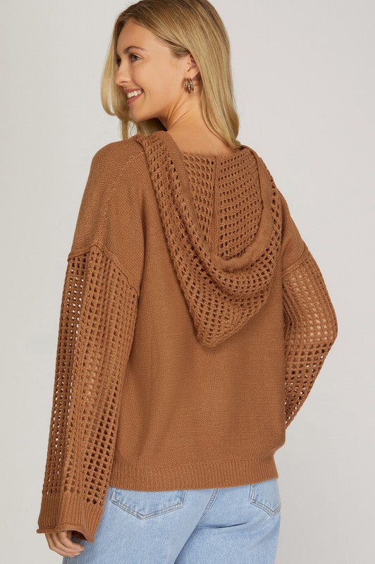 Open Knit Sleeve Hooded Sweater Top
