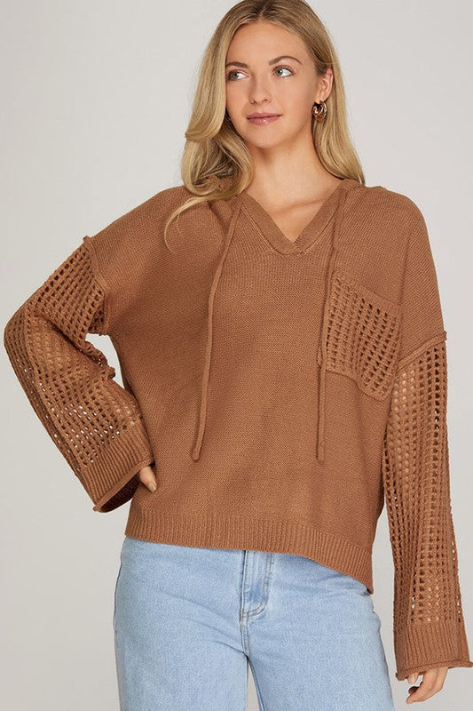 Open Knit Sleeve Hooded Sweater Top