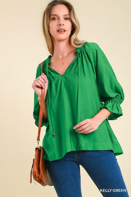 Ruffle Tie Neck Satin Top