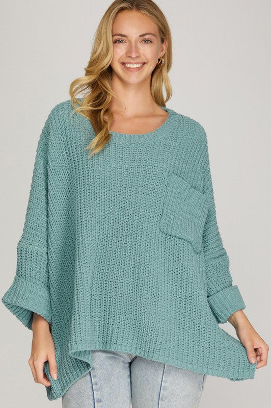 Oversized Cuff Sleeve Chenille Sweater Top
