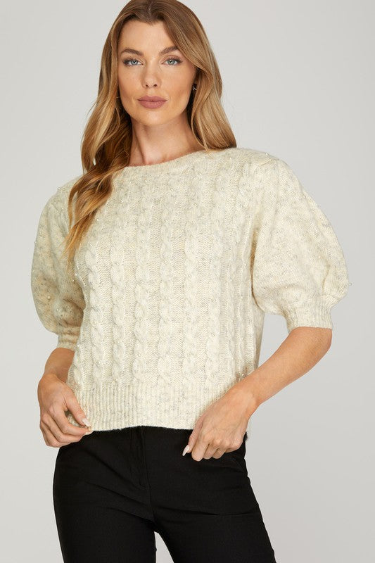 Puff Sleeve Cable Knit Mini Sweater Top