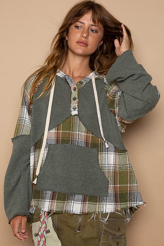 Flannel Sweater Mix Hoodie Top