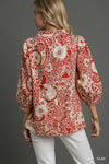 Notch Ruffle Neck Paisley Top