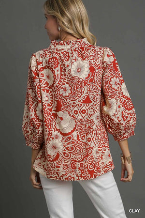 Notch Ruffle Neck Paisley Top
