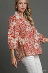 Notch Ruffle Neck Paisley Top