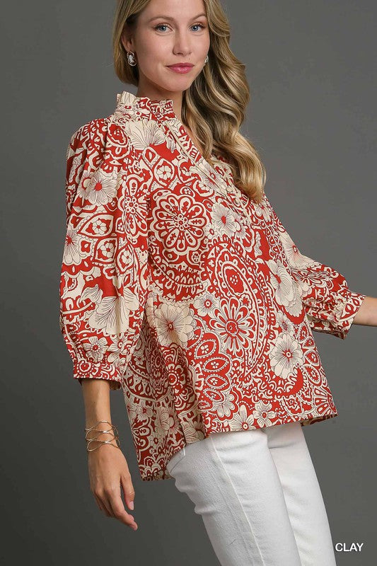 Notch Ruffle Neck Paisley Top