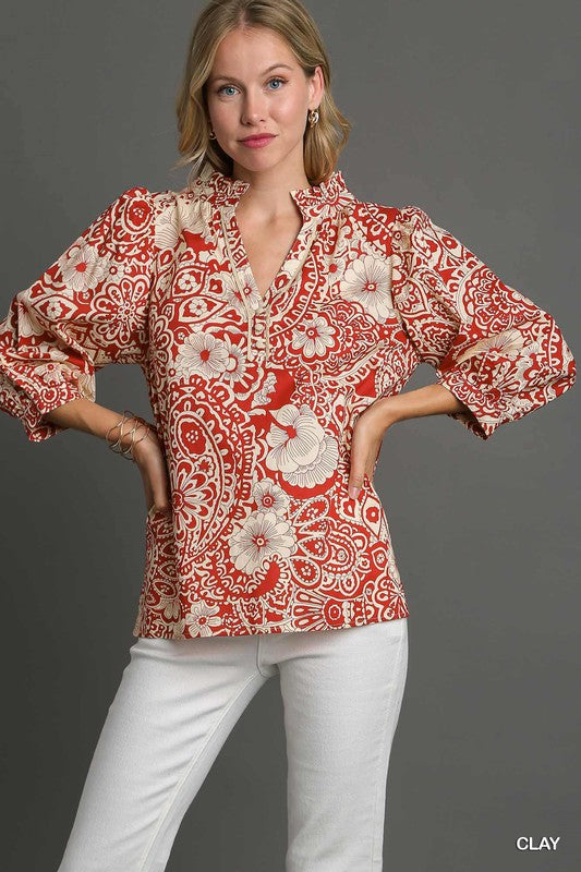 Notch Ruffle Neck Paisley Top