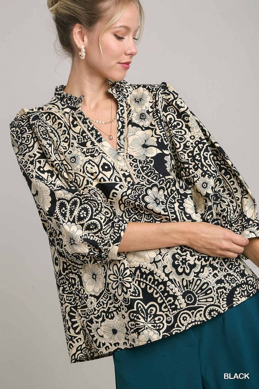 Notch Ruffle Neck Paisley Top