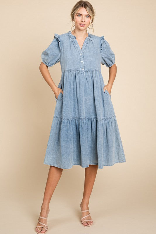 Frill Trim Denim Midi Dress