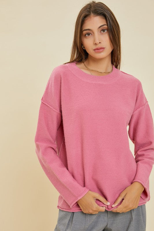 Raw Seam Solid Sweater Top