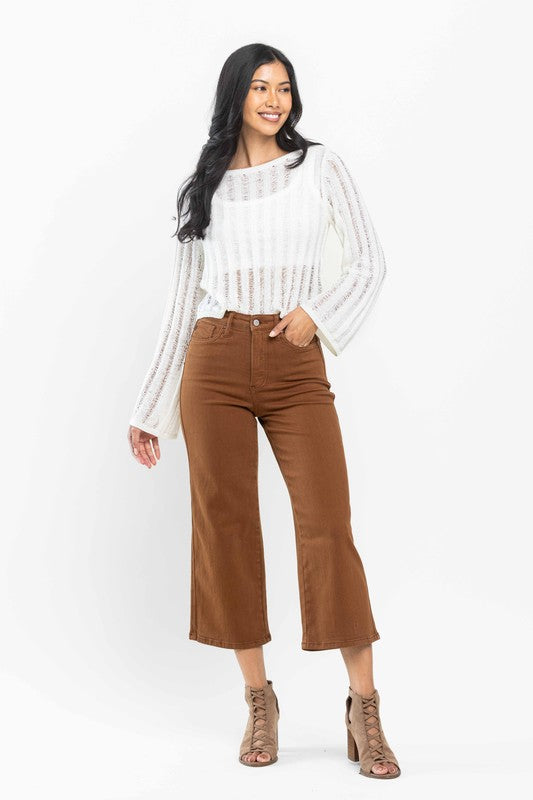 Tummy Control HW WIde Leg Crop Dyed Jeans