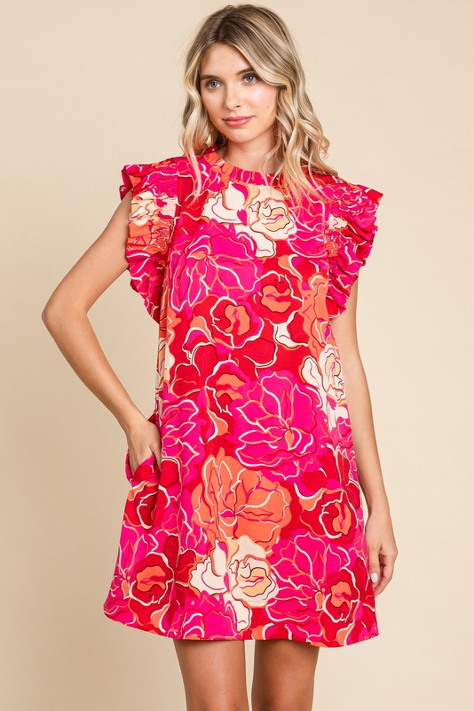 Frill Neck & Sleeve Floral Dress