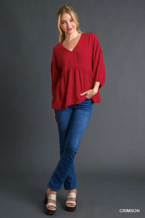 3/4 Sleeve Solid Babydoll Top