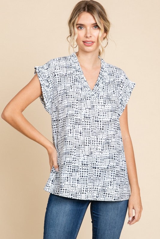 Frill Detail V-Neck Print Top
