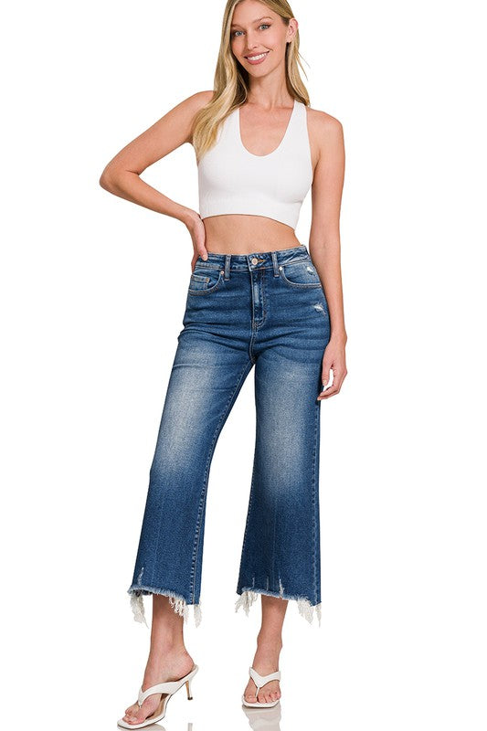 Mid Rise Cropped Straight Raw Hem Jeans