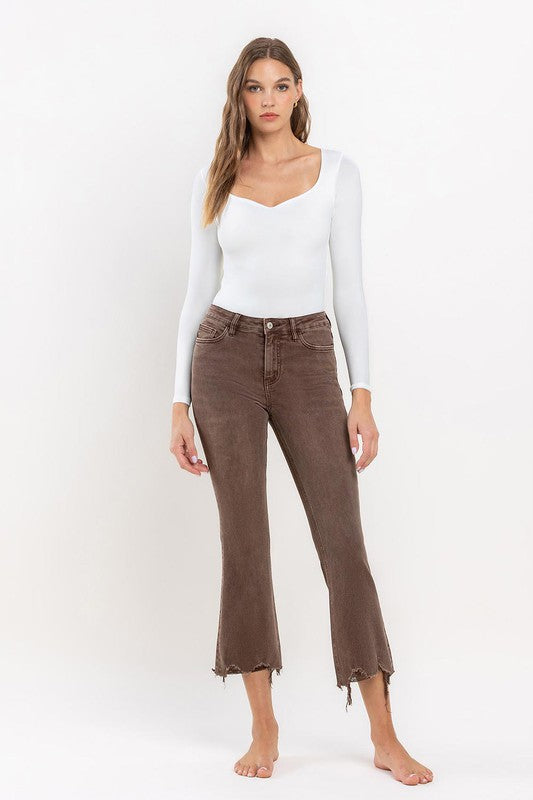 Bella HR Distressed Hem Crop Flare Jeans