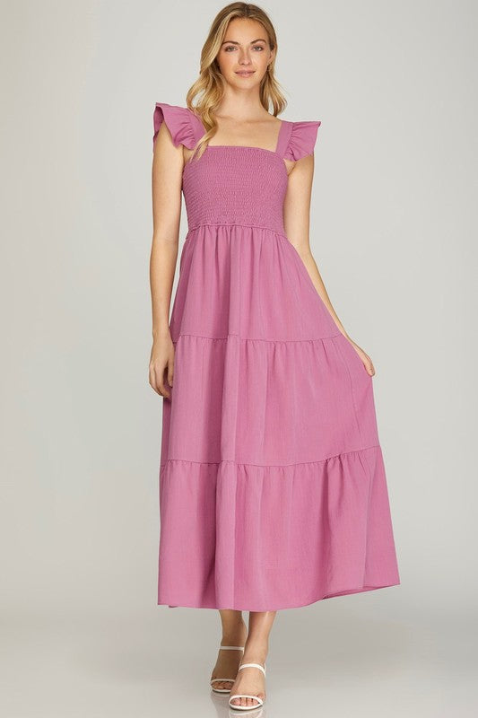 Smocked Bodice Ruffle Tier Maxi Dress