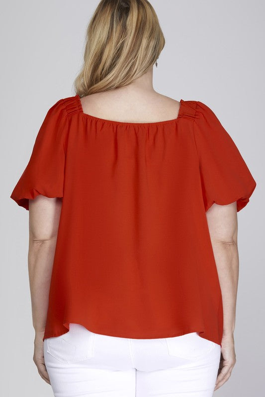 Plus Puff Sleeve Square Neck Woven Top